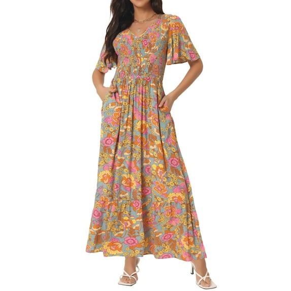 Unique Bargains Women's Floral Short Flutter Sleeve Smocked Flowy Maxi Dress with Pockets S Grey Green