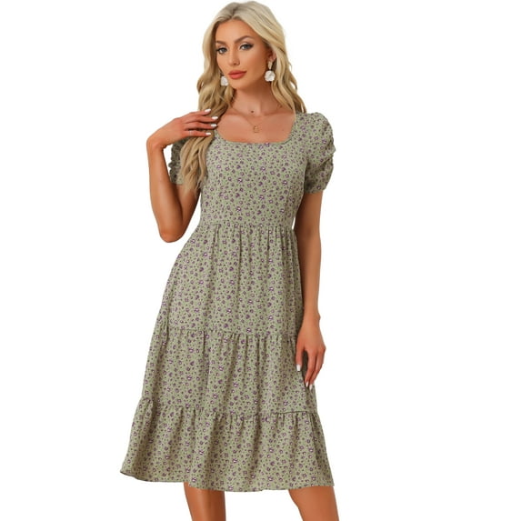 Unique Bargains Women's Floral Square Neck Puff Short Sleeves Tiered Ruffled Hem Dress XS Green Purple