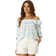 thumbnail image 1 of Unique Bargains Women's Floral Tops Smocked Ruffled Round Neck Half Puff Sleeves Blouse XS Light Blue, 1 of 6