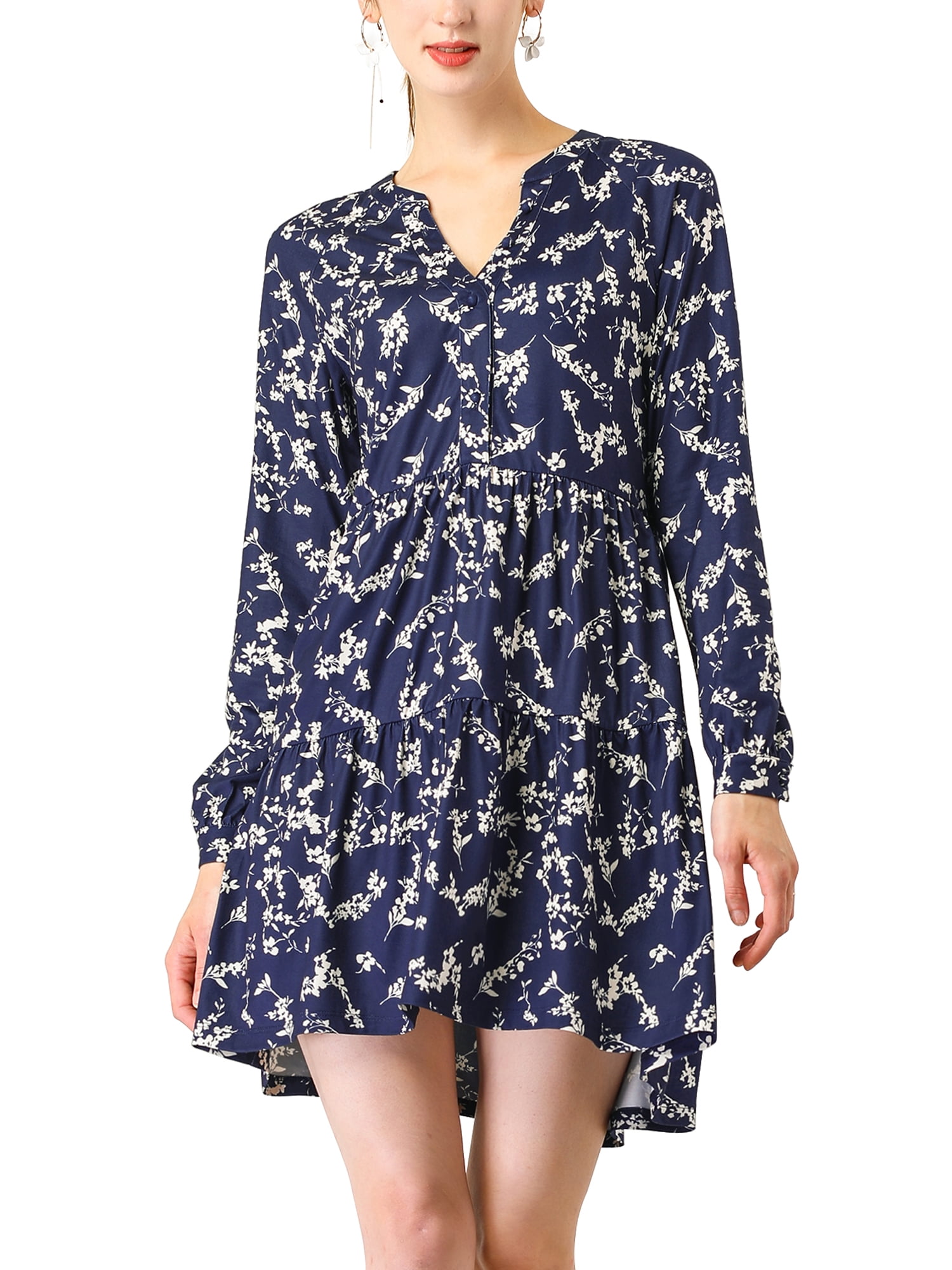 Unique Bargains Women's Floral V Neck Cinched Waist Long Sleeve Dress XS Navy  Blue-Brown - Walmart.com