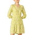thumbnail image 1 of Unique Bargains Women's Floral V Neck Cinched Waist Long Sleeve Dress XL Yellow, 1 of 6
