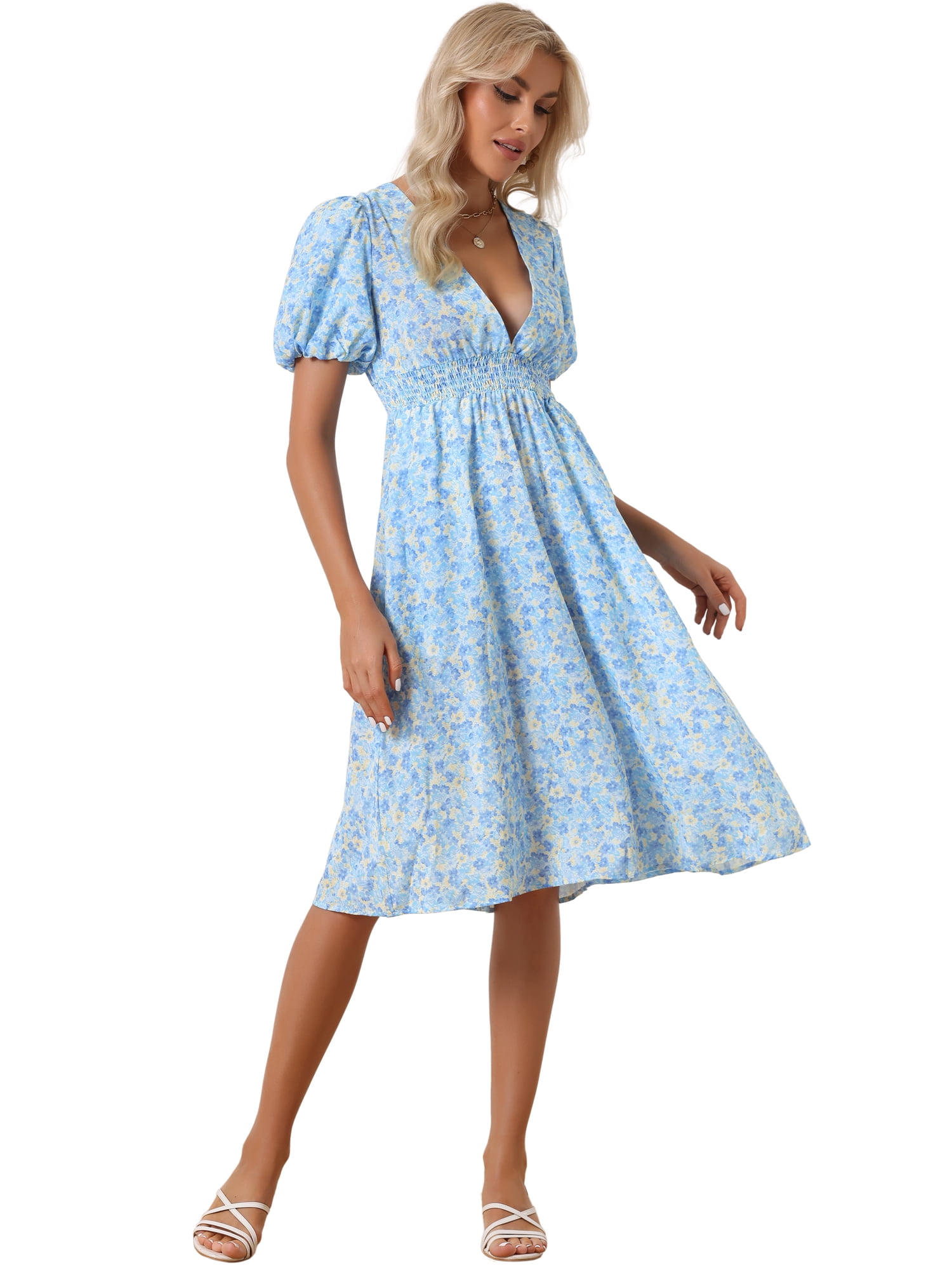 Unique Bargains Women's Floral V Neck Puff Sleeves Casual Smocked Waist Dress M Blue