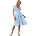 thumbnail image 1 of Unique Bargains Women's Floral V Neck Puff Sleeves Casual Smocked Waist Dress XS Blue, 1 of 6