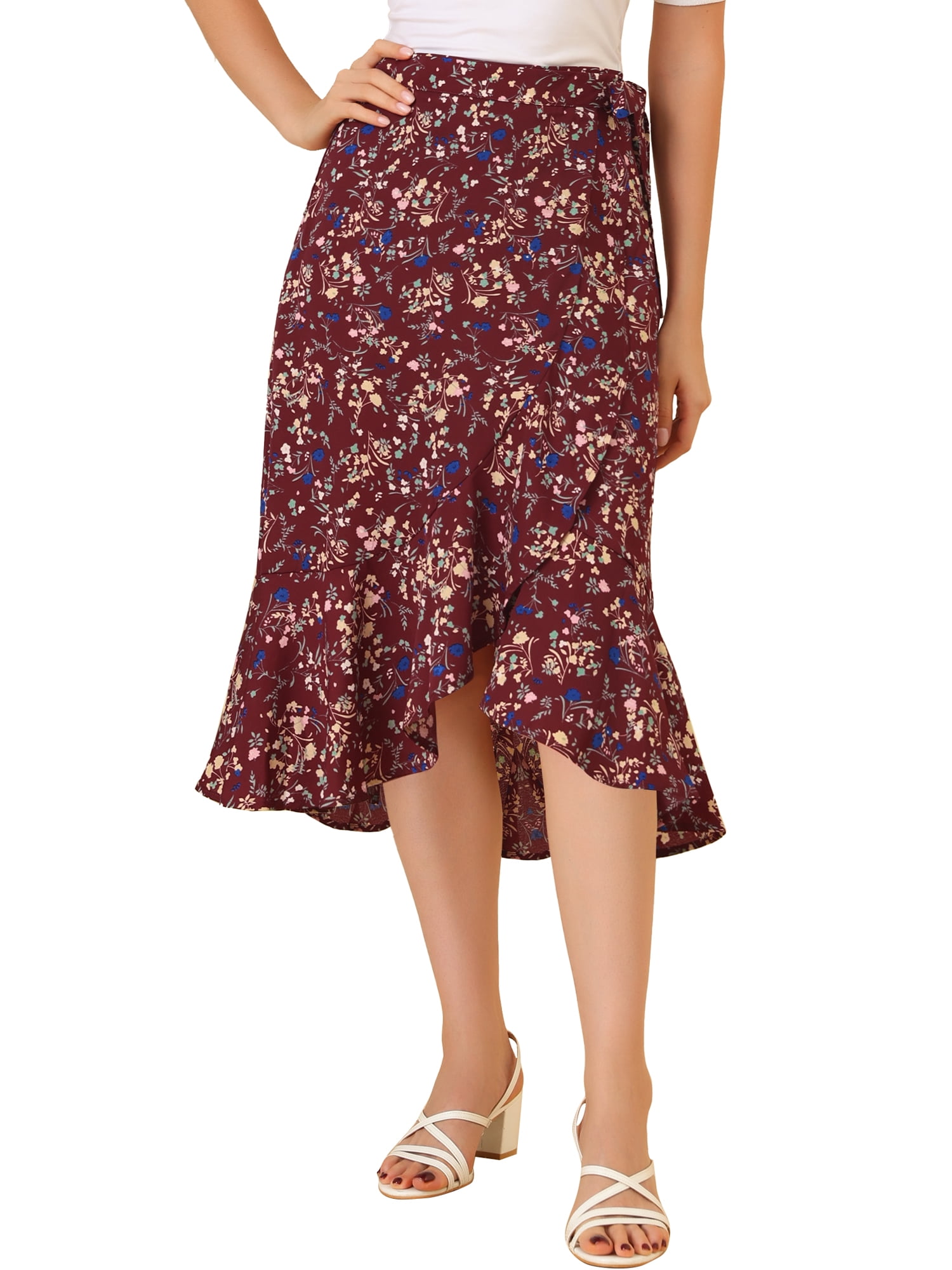 Unique Bargains Women's Floral Wrap Midi Skirt Asymmetrical Ruffle