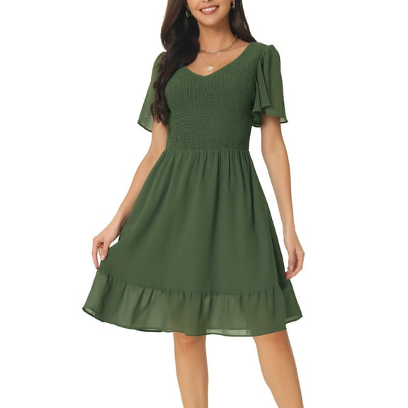 DARING DIVA Chiffon Smocked Flutter Short Sleeve Dress M Army Green