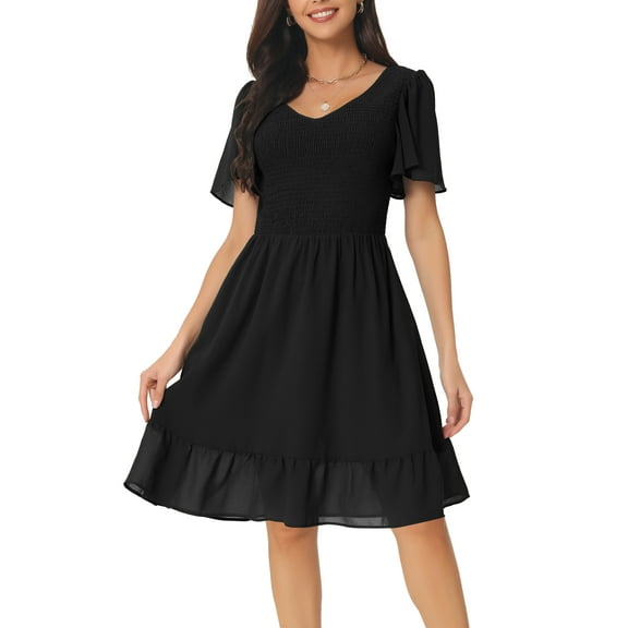 DARING DIVA Chiffon Smocked Flutter Short Sleeve Dress M Black