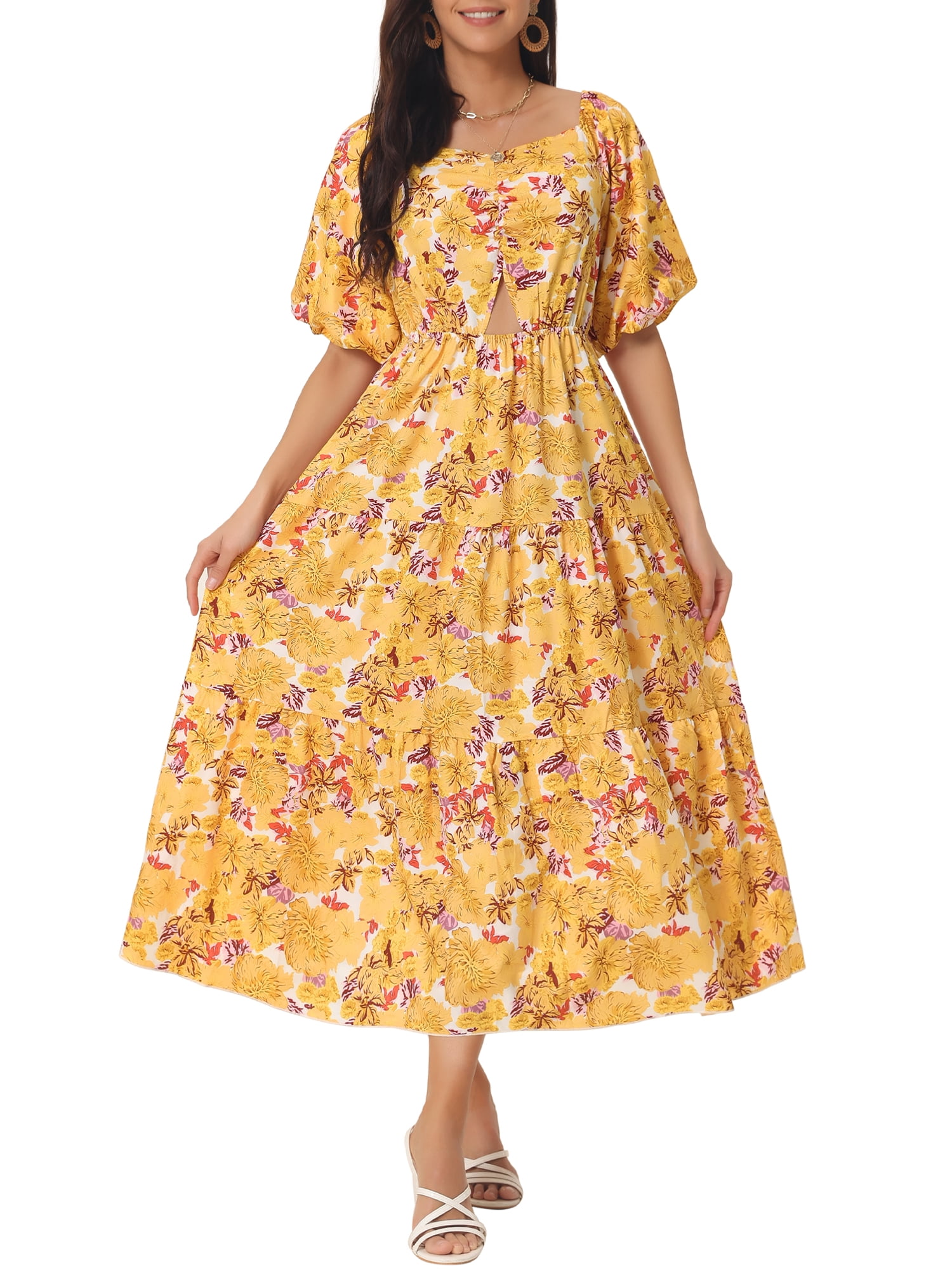 Women Yellow Floral Printed Square Neck Cotton Maxi Dress main image 0