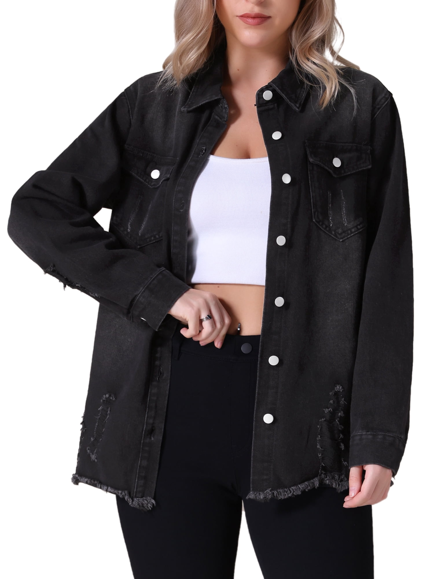 Unique Bargains Women's Frayed Hem Long Sleeve Lightweight Denim Jacket L Black
