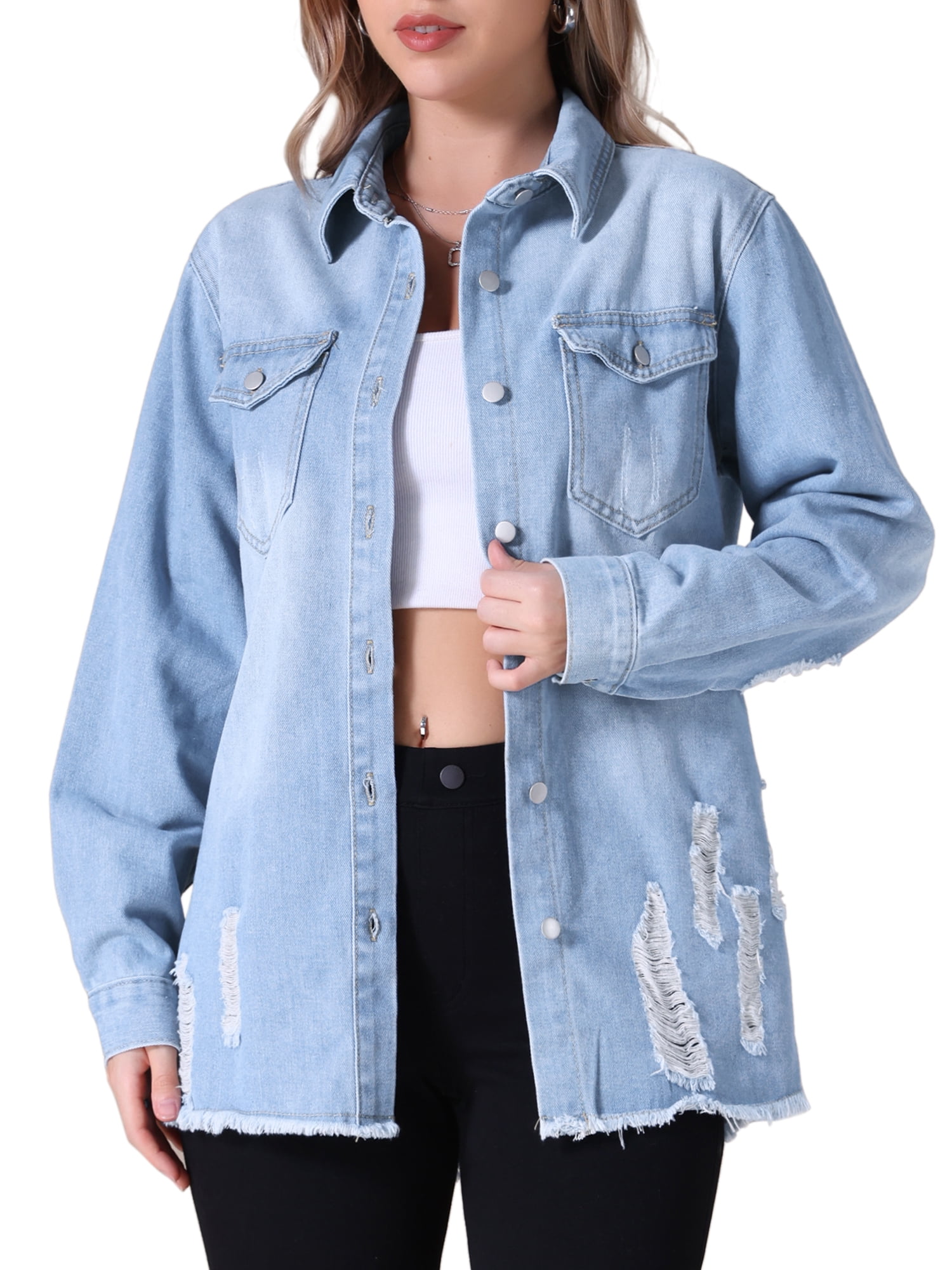 Unique Bargains Women's Frayed Hem Long Sleeve Lightweight Denim Jacket L Light Blue