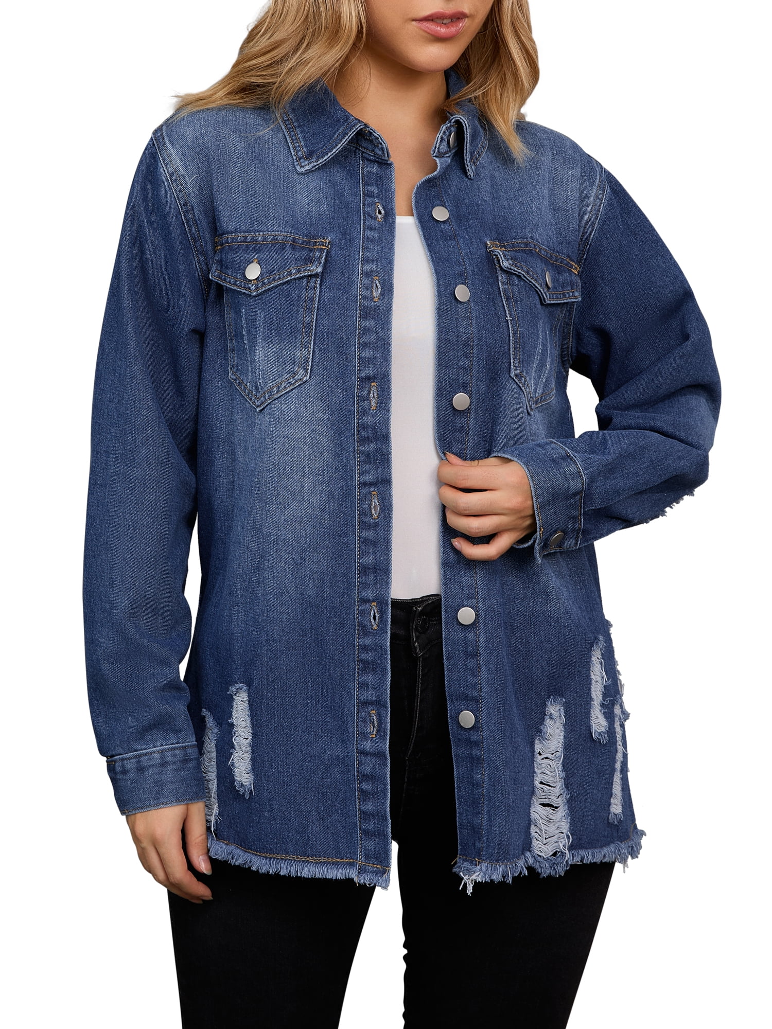 Unique Bargains Women's Frayed Hem Long Sleeve Lightweight Denim Jacket S Blue
