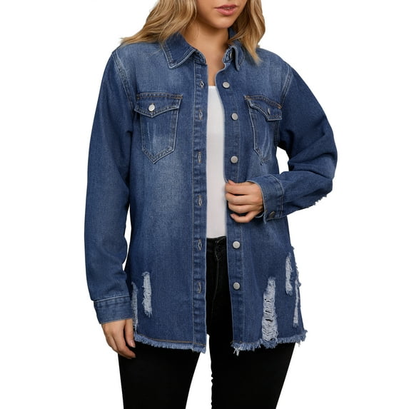 Unique Bargains Women's Frayed Hem Long Sleeve Lightweight Denim Jacket S Blue