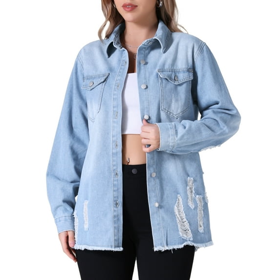 Unique Bargains Women's Frayed Hem Long Sleeve Lightweight Denim Jacket XL Light Blue