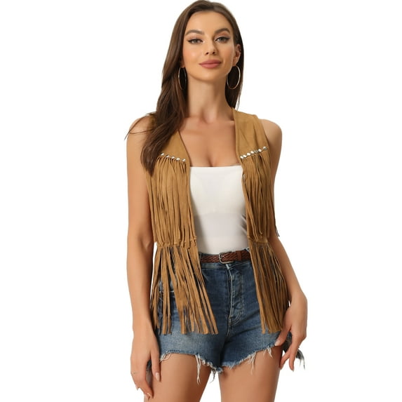 DARING DIVA Women's Fringe Vest Outfits Faux Suede Tassel Cardigan L Yellow