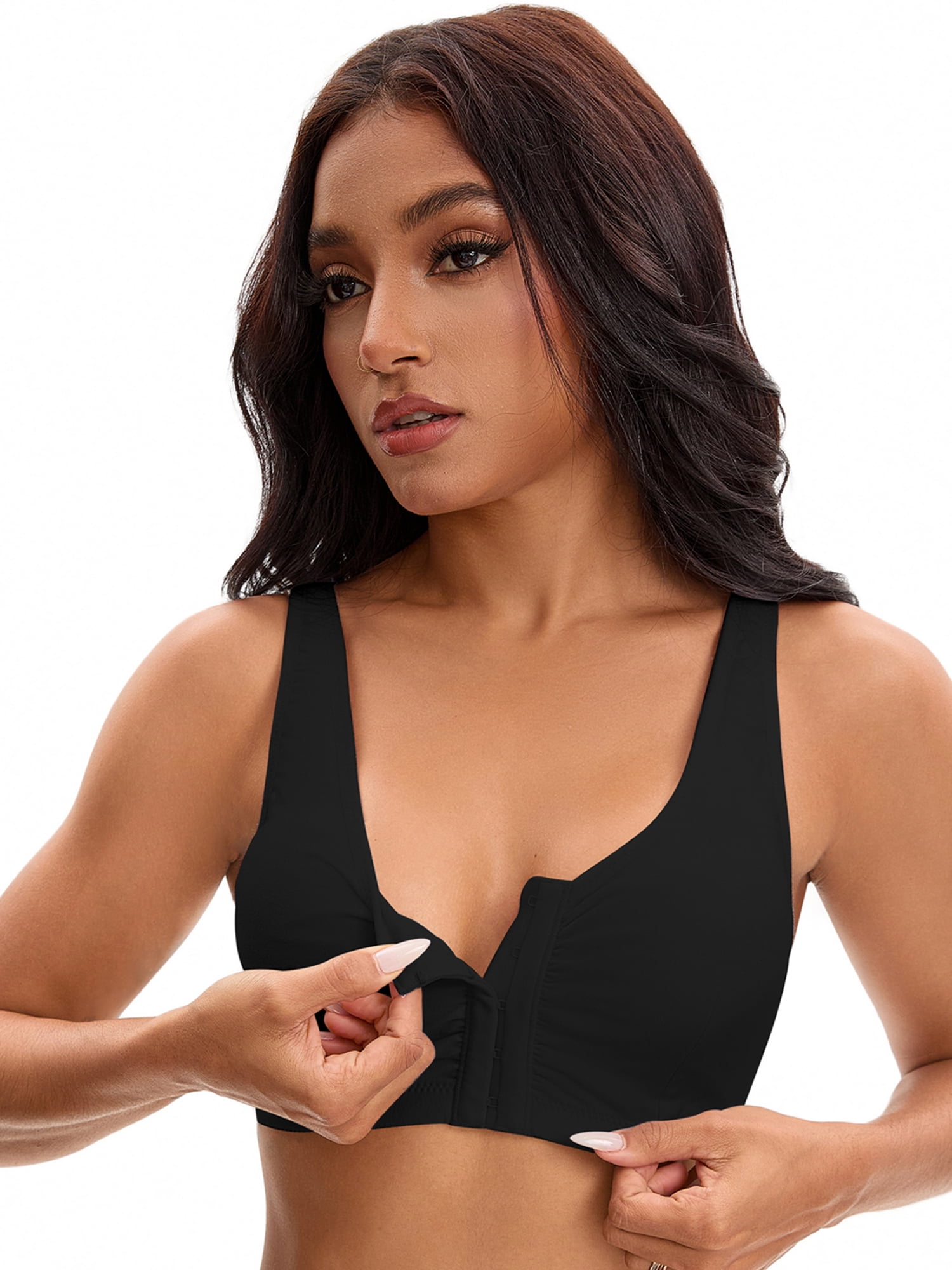 Unique Bargains Women's Front Closure Adjustable Strap Wirefree Workout Bras M Black