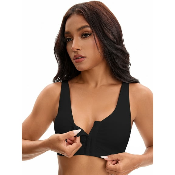 Unique Bargains Women's Front Closure Adjustable Strap Wirefree Workout Bras M Black