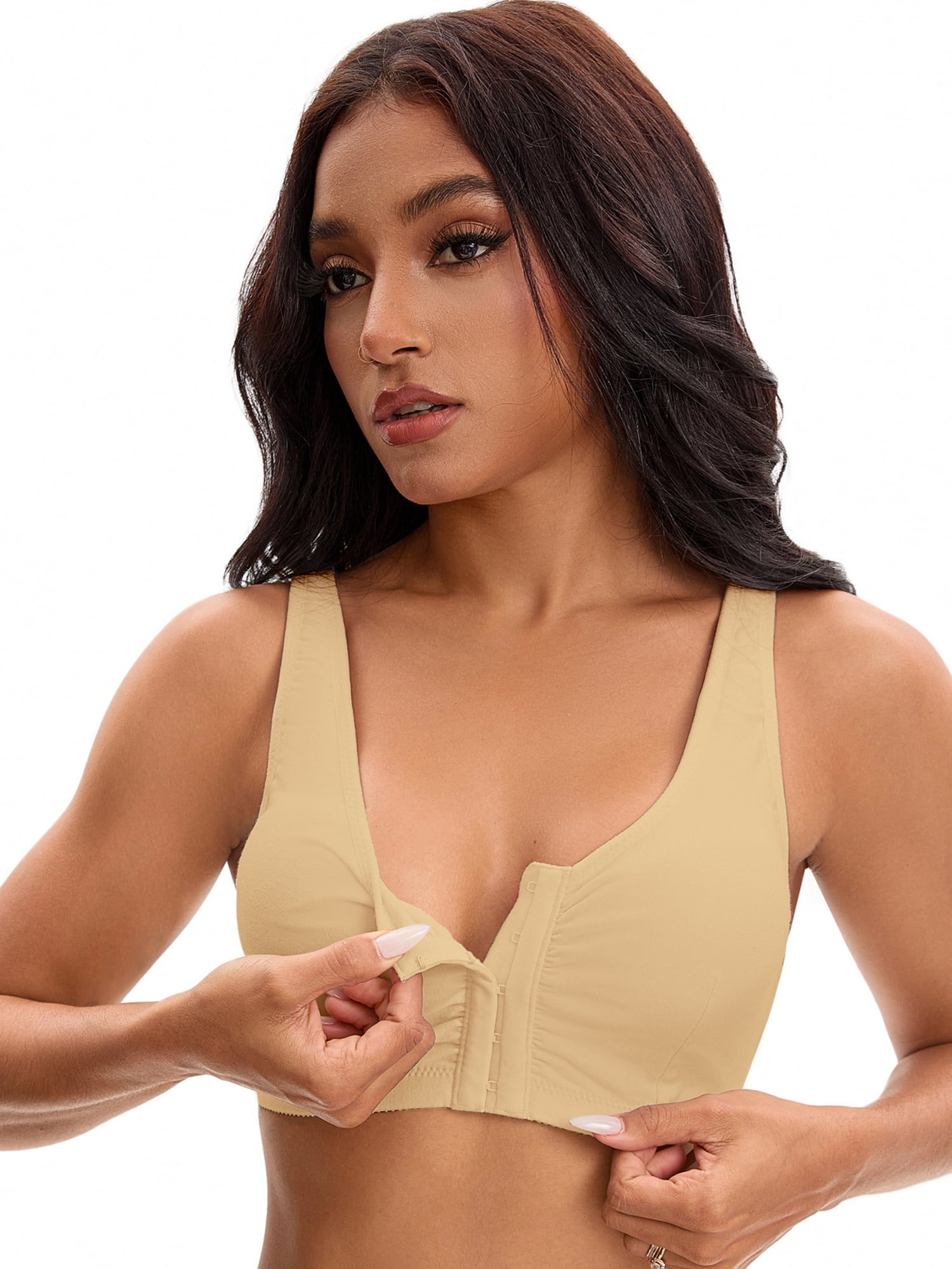 Unique Bargains Women's Front Closure Adjustable Strap Wirefree Workout Bras XXL Beige