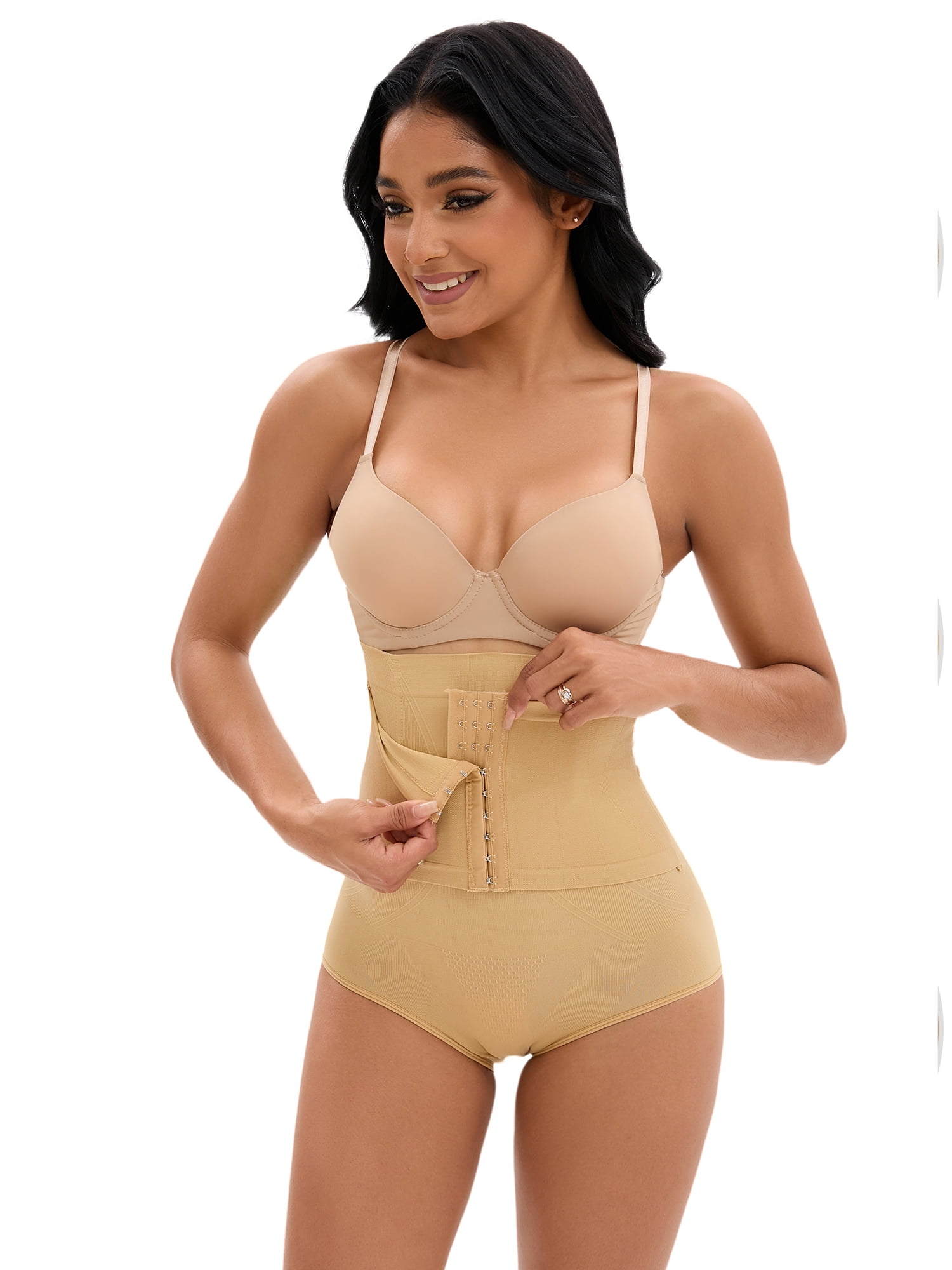 Unique Bargains Women's Front Hook Closure Briefs High Waist Shaperwear Panties L Beige