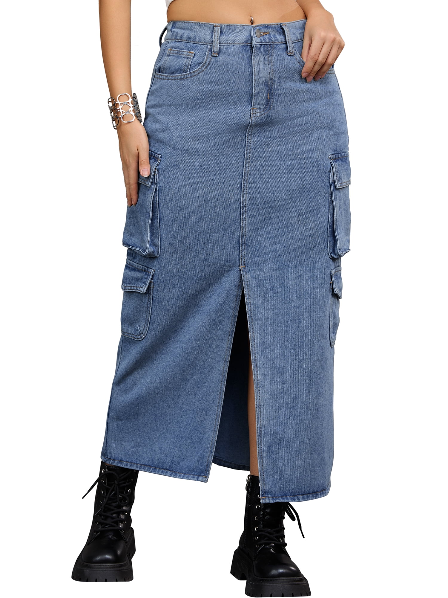 Unique Bargains Women's Front Split Flap Pockets Maxi Denim Skirt 2XL Gray Blue