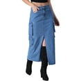 thumbnail image 1 of Unique Bargains Women's Front Split Flap Pockets Maxi Denim Skirt M Blue, 1 of 7