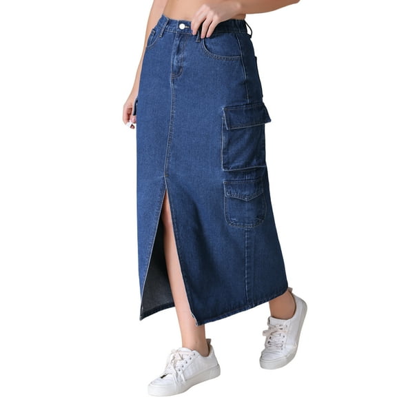 Unique Bargains Women's Front Split Flap Pockets Maxi Denim Skirt S Dark Blue