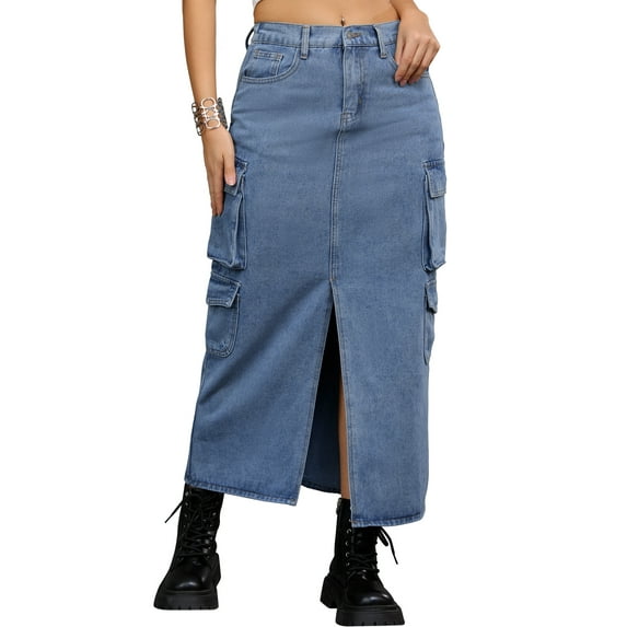 Unique Bargains Women's Front Split Flap Pockets Maxi Denim Skirt S Gray Blue