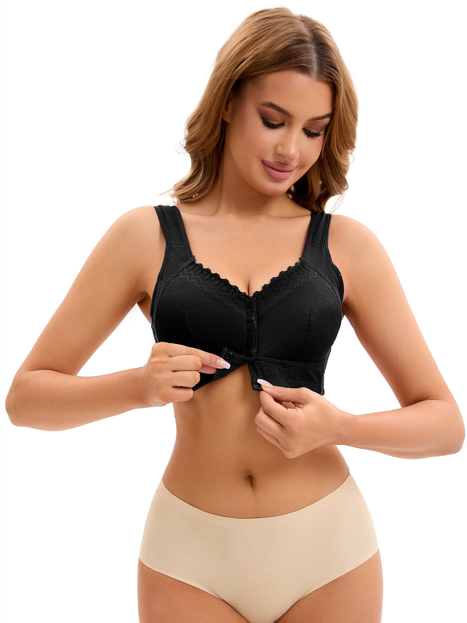 DARING DIVA Women's Full Coverage Lace Front Closure Vest Sports Bras Black L