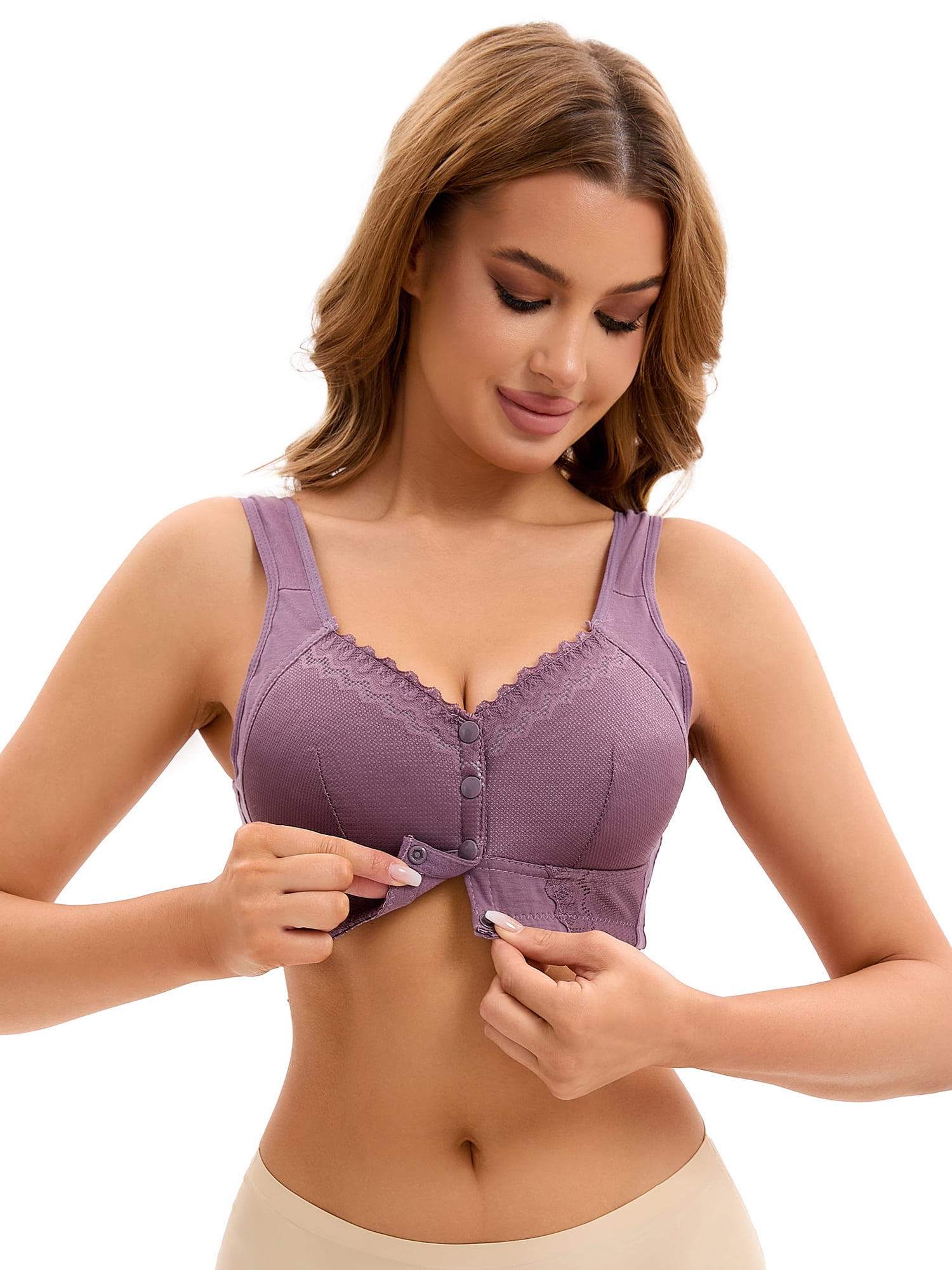 DARING DIVA Women's Full Coverage Lace Front Closure Vest Sports Bras Purple S