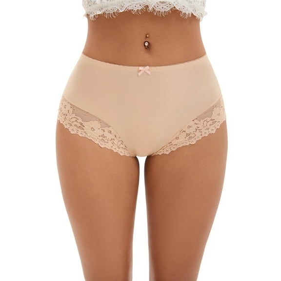 Unique Bargains Women's Full-Coverage Panties Lace Trim High Waist Briefs S Beige