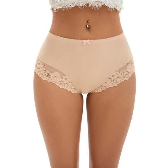 Unique Bargains Women's Full-Coverage Panties Lace Trim High Waist Briefs S Beige