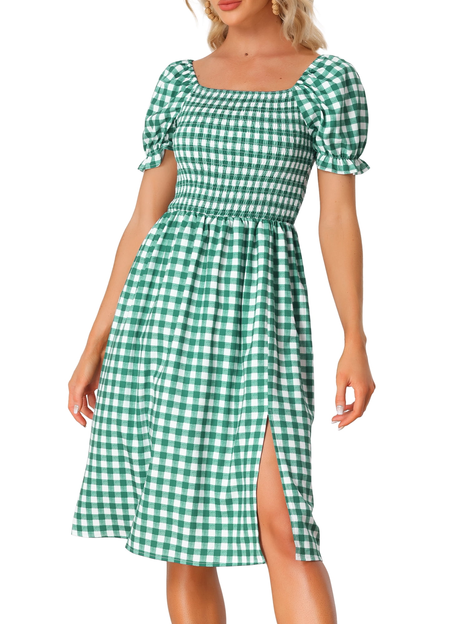 Unique Bargains Women's Gingham Short Sleeve Casual Plaid Smocked Dress L Green