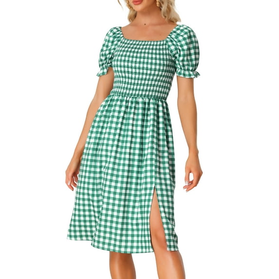 Unique Bargains Women's Gingham Short Sleeve Casual Plaid Smocked Dress S Green