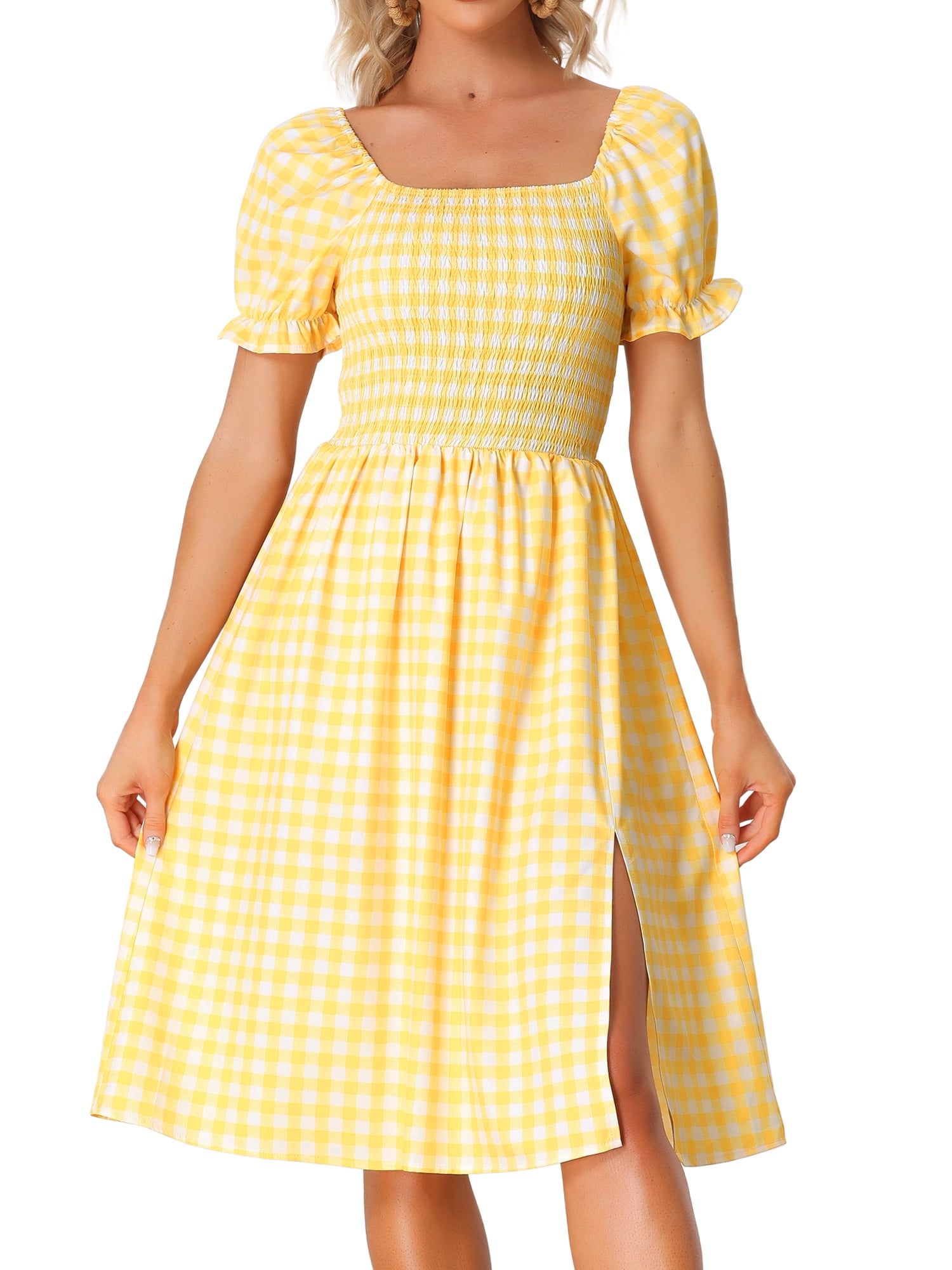 Unique Bargains Women's Gingham Short Sleeve Casual Plaid Smocked Dress S Yellow