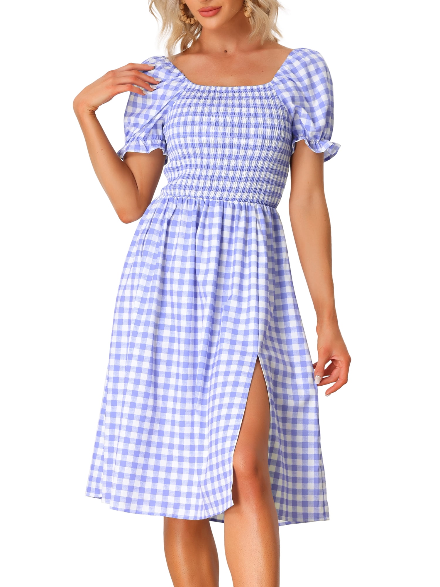 Unique Bargains Women's Gingham Short Sleeve Casual Plaid Smocked Dress XS Purple