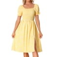 thumbnail image 1 of Unique Bargains Women's Gingham Short Sleeve Casual Plaid Smocked Dress XS Yellow, 1 of 5