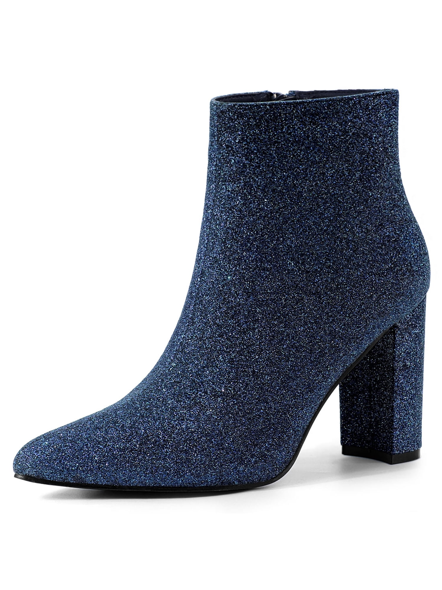 Unique Bargains Women's Glitter Pointed Toe Chunky Heel Ankle Boots Navy Blue 7
