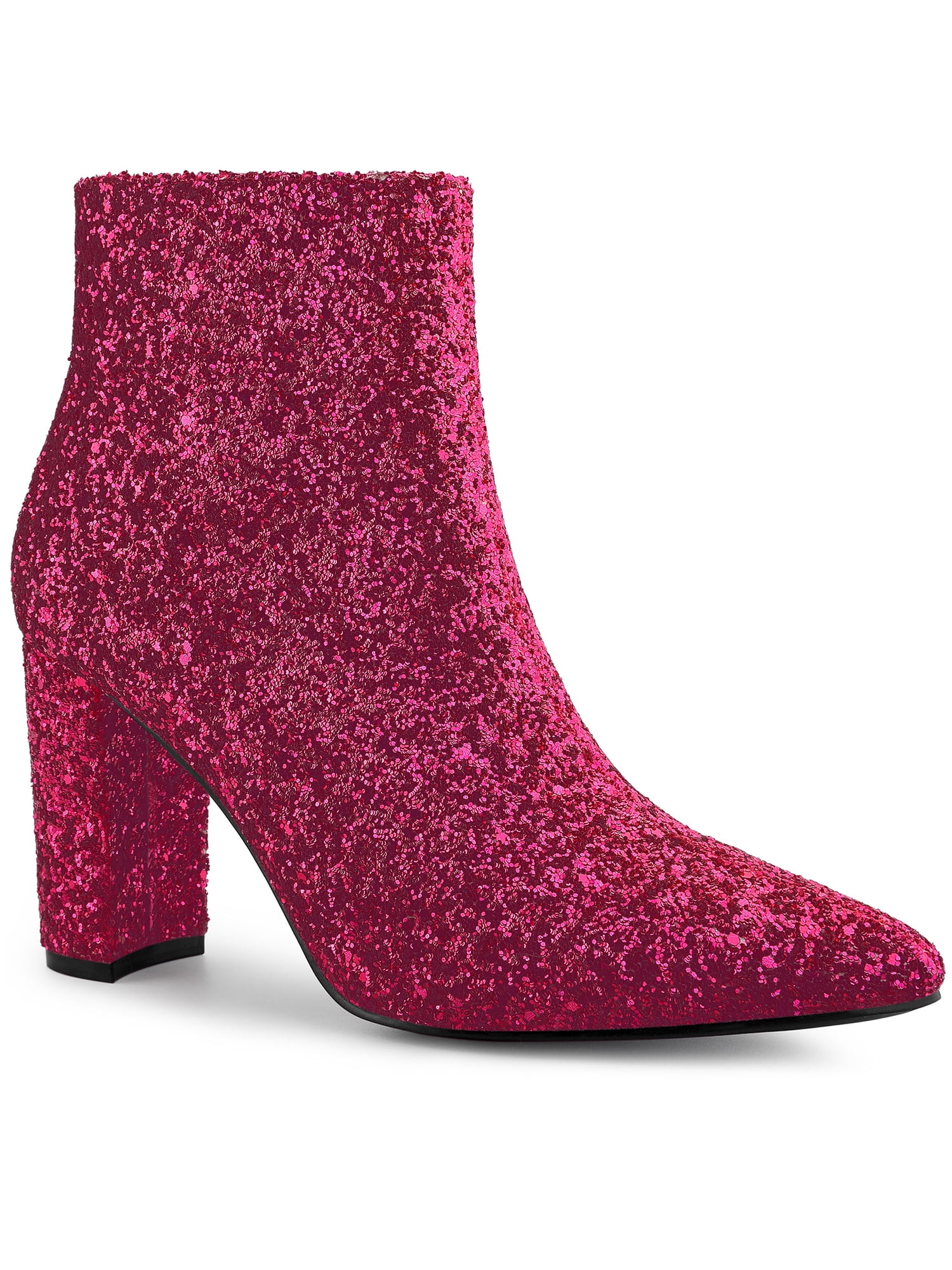 75mm Women's Zipper Pointed Toe Red Bottom Chunky Heel Ankle Glitter Boots