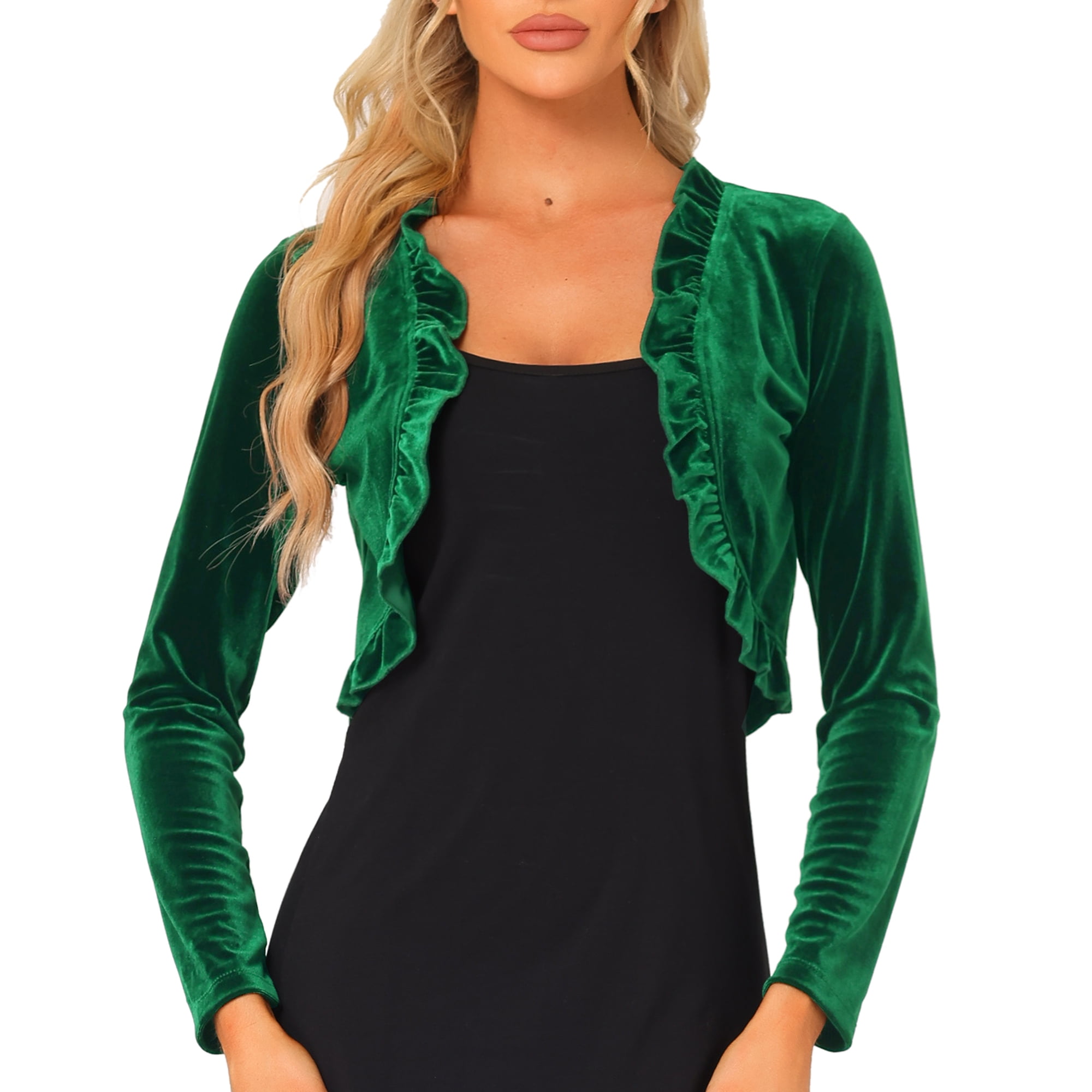 DARING DIVA Gothic Open Front Velvet Shrug Cropped Cardigan M Green