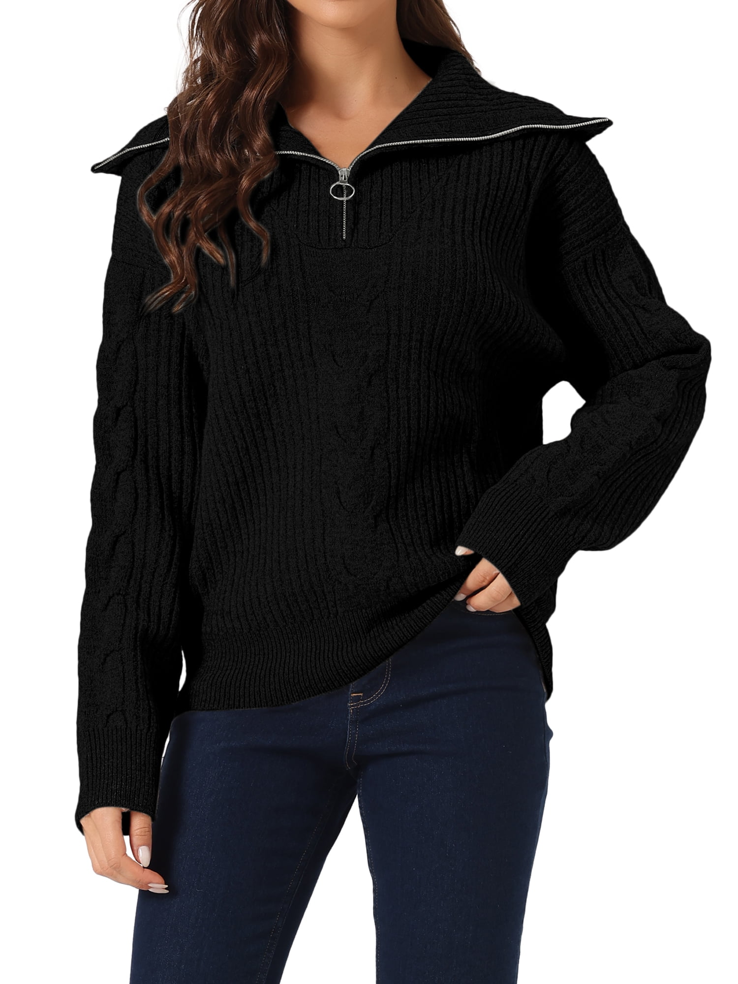 Unique Bargains Women's Half Zip V Neck Collar Ribbed Knitted