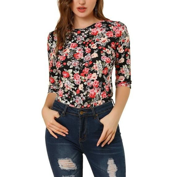 Unique Bargains Women's Halloween Costume 1/2 Sleeve Round Neck Floral Top S Black-Floral