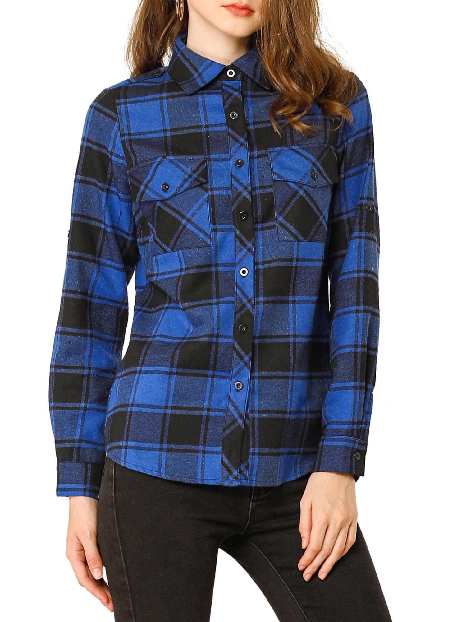 Unique Bargains Women's Halloween Costume Check Roll Up Sleeves Button Down Shirt
