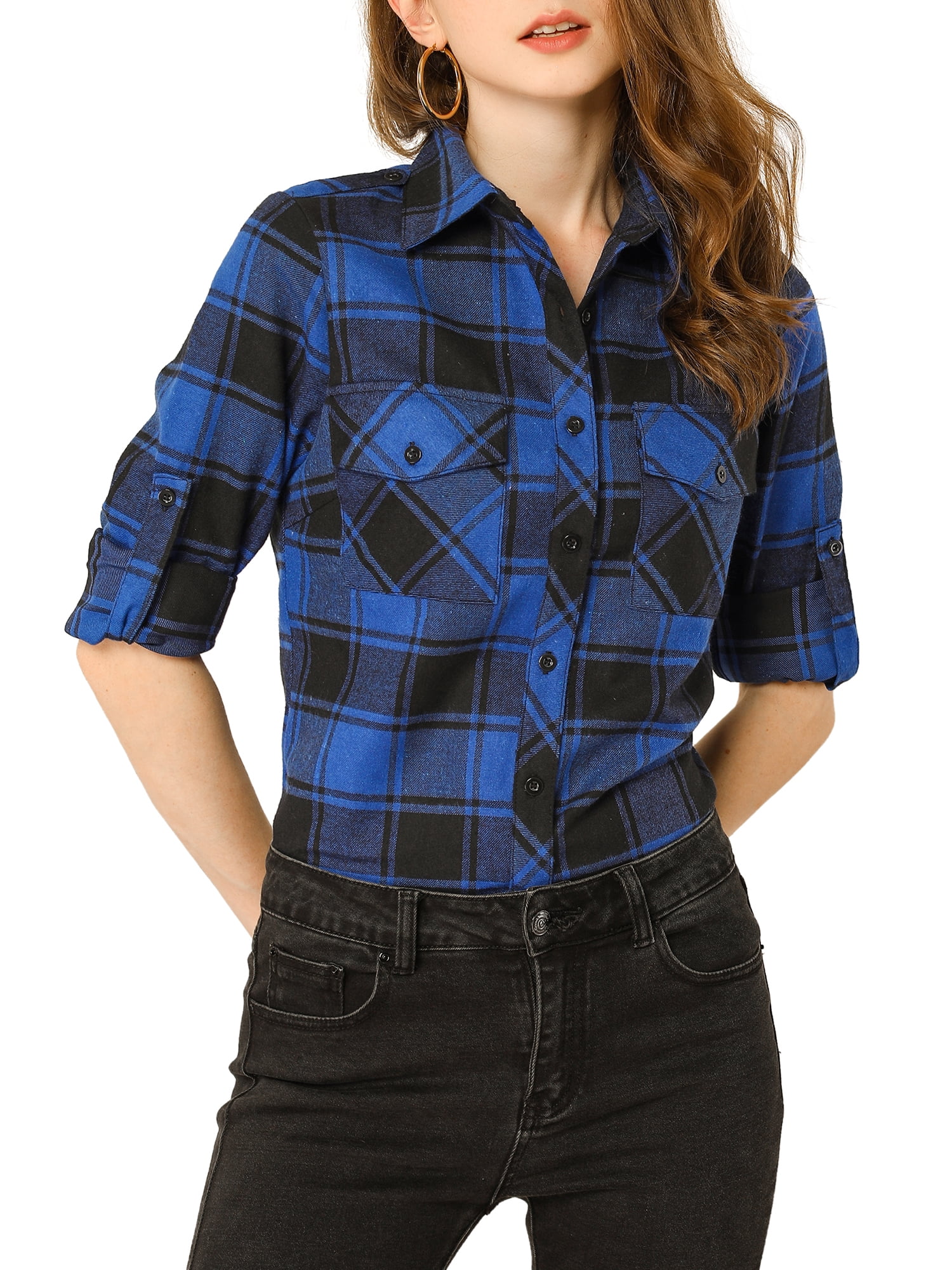 Unique Bargains Women's Halloween Costume Check Roll Up Sleeves Button Down Shirt
