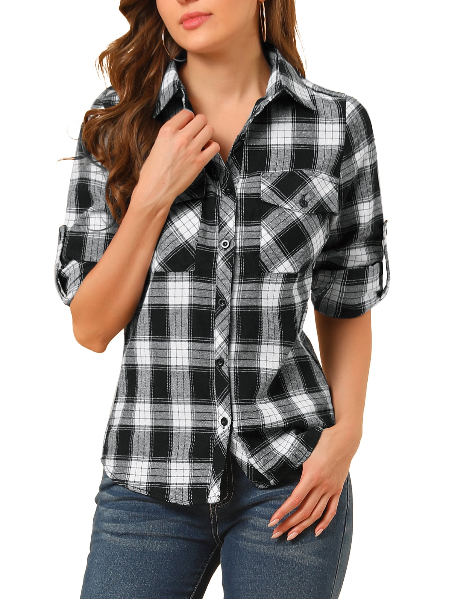 Unique Bargains Women's Halloween Costume Check Roll Up Sleeves Button Down Shirt