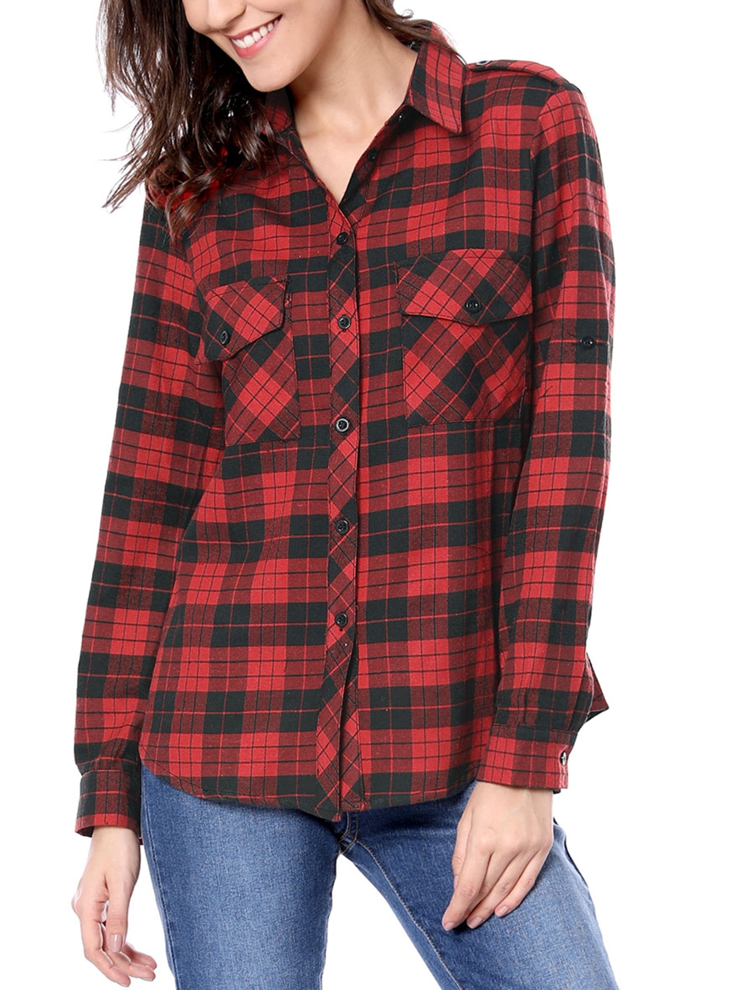 Unique Bargains Women's Halloween Costume Check Roll Up Sleeves Button Down Shirt