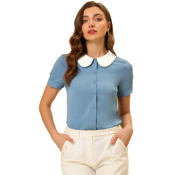 DARING DIVA Women's Contrast Peter Pan Collar Blouse Shirt L Dusty Blue