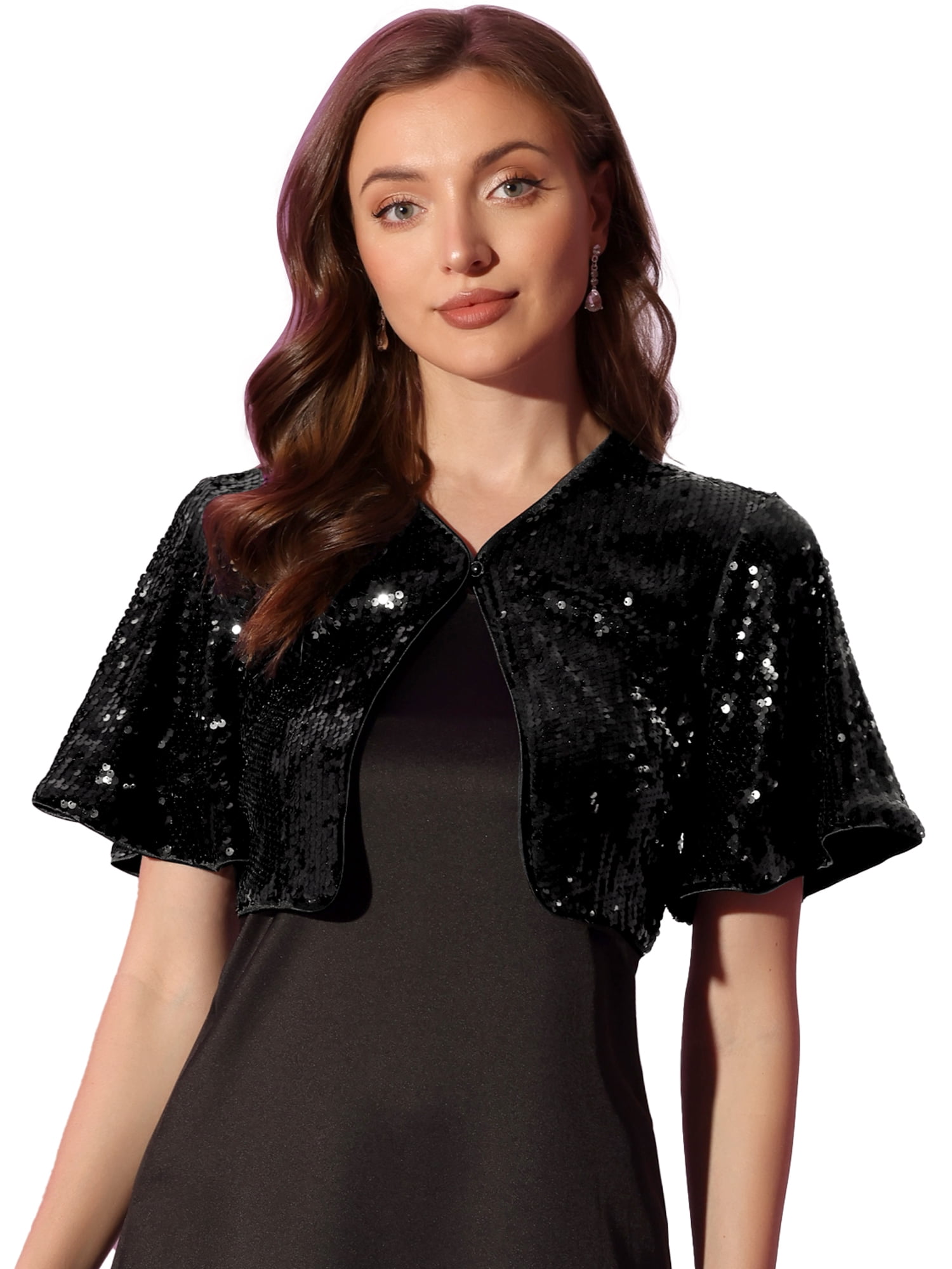 DARING DIVA Flared Sleeve Crop Shrug Bolero Glitter Jackets L Black
