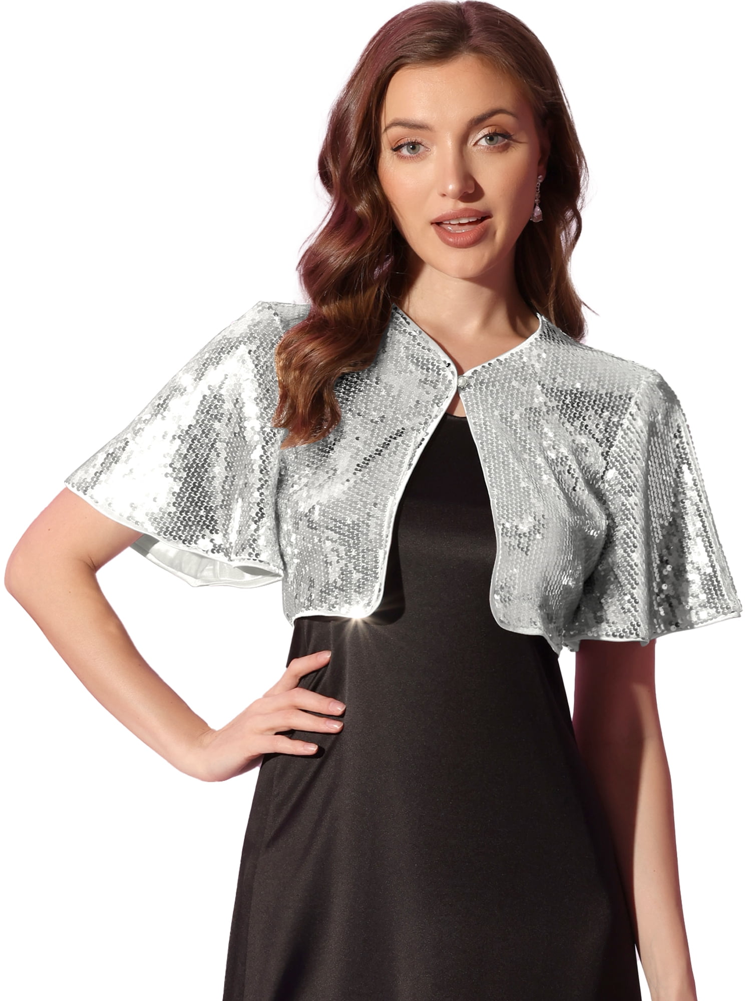 DARING DIVA Flared Sleeve Crop Shrug Bolero Glitter Jackets L Silver