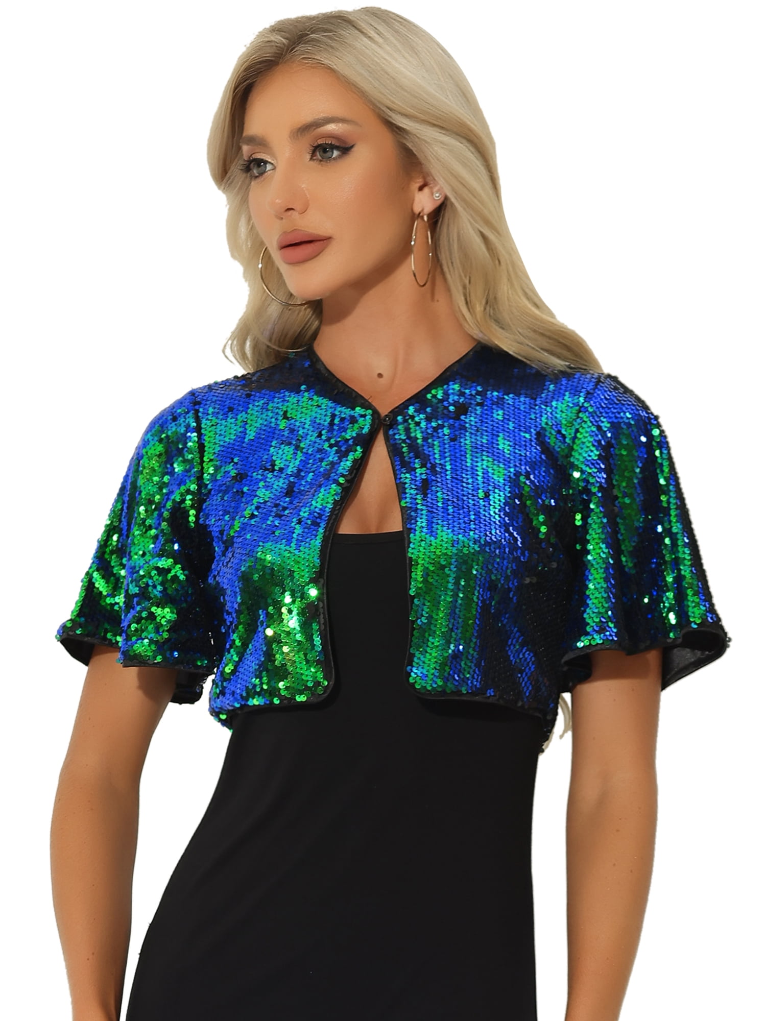 DARING DIVA Flared Sleeve Crop Shrug Bolero Glitter Jackets S Green Blue