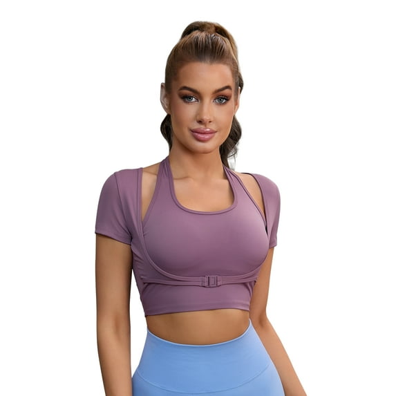 Unique Bargains Women's Halter Neck Slim Fitness Short Sleeves Crop Tops L Purple