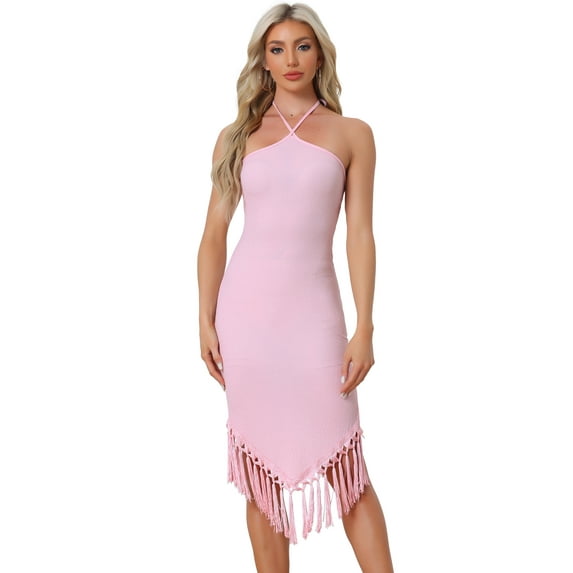 Unique Bargains Women's Halter Straps Sleeveless Tassels Evening Gown Bodycon Long Dress L Light Pink