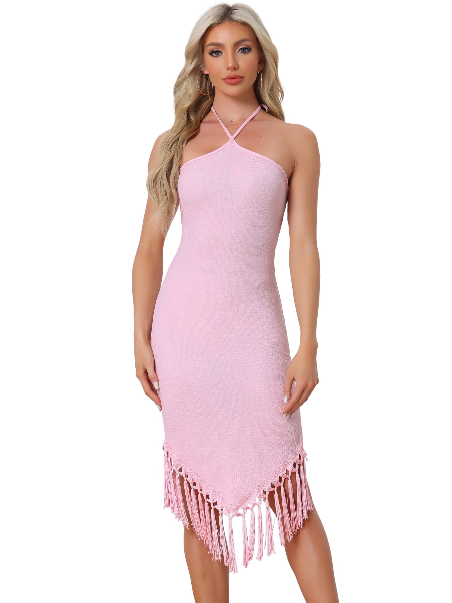Unique Bargains Women's Halter Straps Sleeveless Tassels Evening Gown Bodycon Long Dress S Light Pink